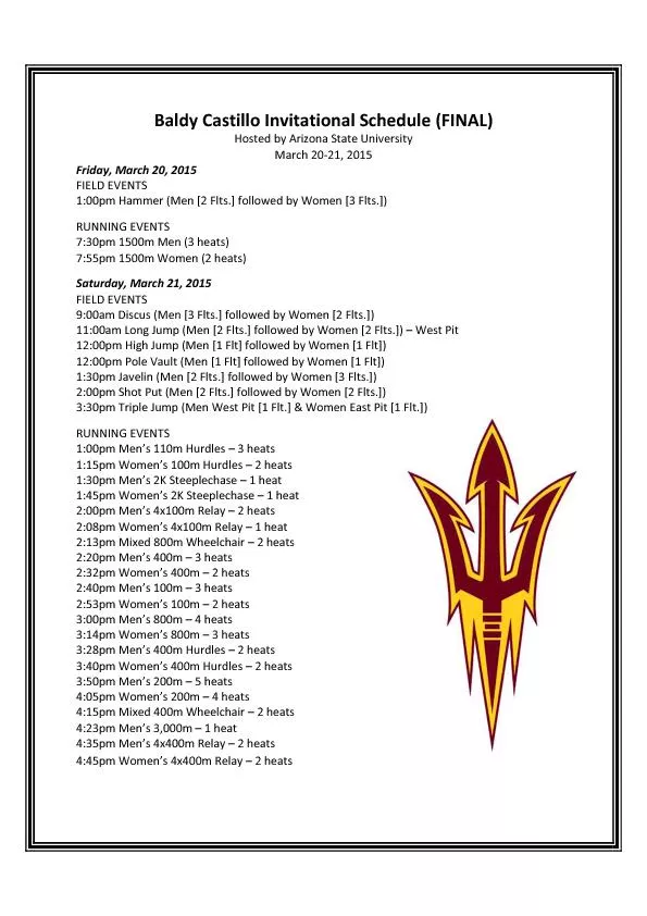 Baldy Castillo Invitational Schedule (FINAL) Hosted by Arizona State U