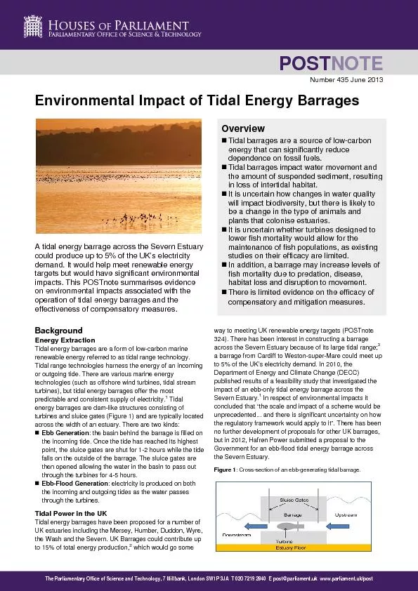 Number 435 June 2013 Environmental Impact of Tidal Energy Barrages A t