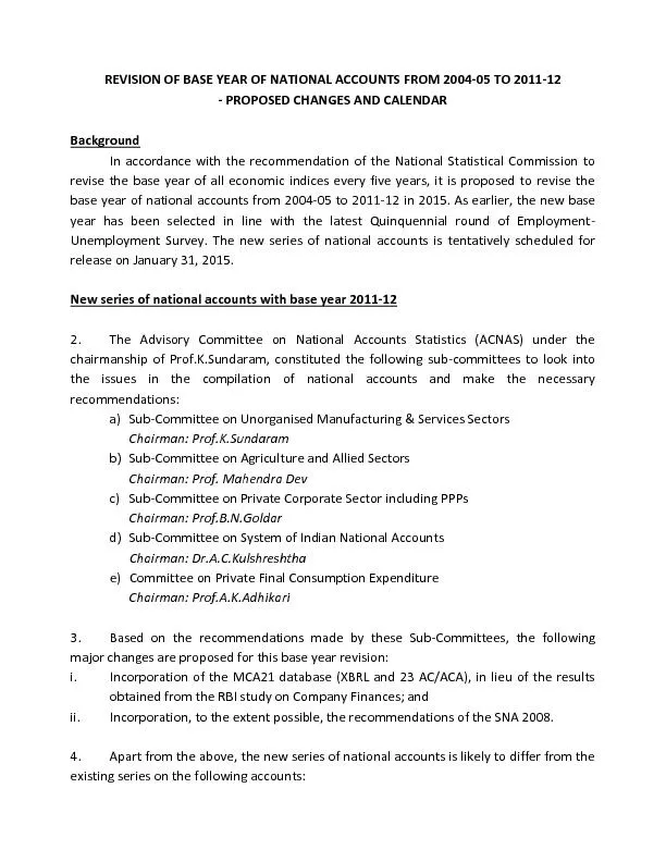 REVISION OF BASE YEAR OF NATIONAL ACCOUNTS FROM 200405 TO 2011PROPOSED