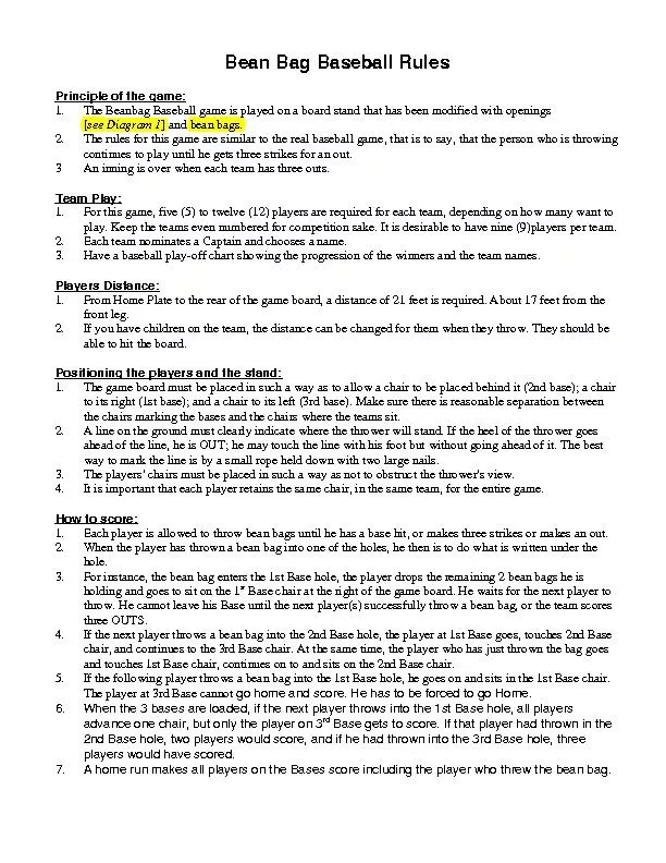 Bean Bag Baseball RulesPrinciple of the game: