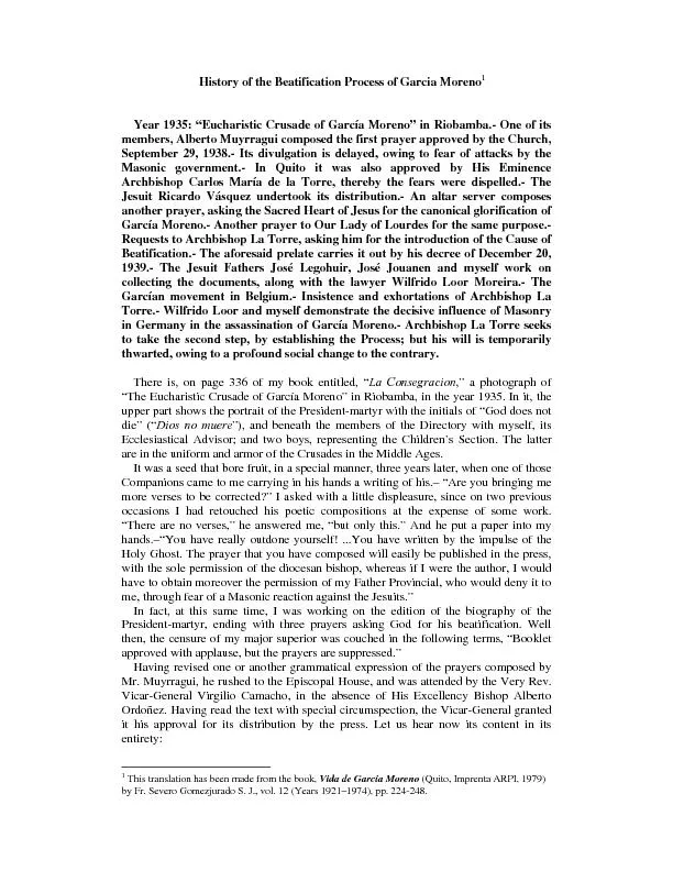 History of the Beatification Process of Garcia MorenoYear 1935: 