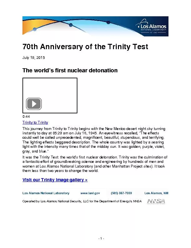 70th Anniversary of the Trinity TestJuly 19, 2015The world’s firs