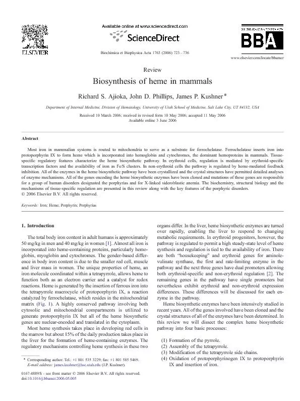 BiosynthesisofhemeinmammalsRichardS.Ajioka,JohnD.Phillips,JamesP.Kushn