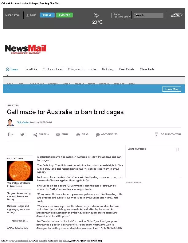 Call made for Australia to ban bird cages | Bundaberg NewsMailhttp://w