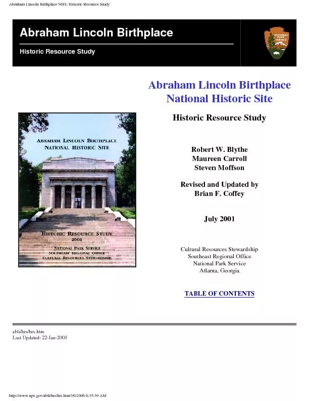 Abraham Lincoln Birthplace NHS: Historic Resource Study (Table of Cont