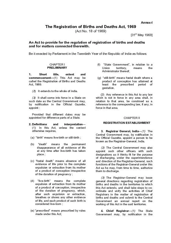 Annex-I The Registration of Births and Deaths Act, 1969(Act No. 18 of