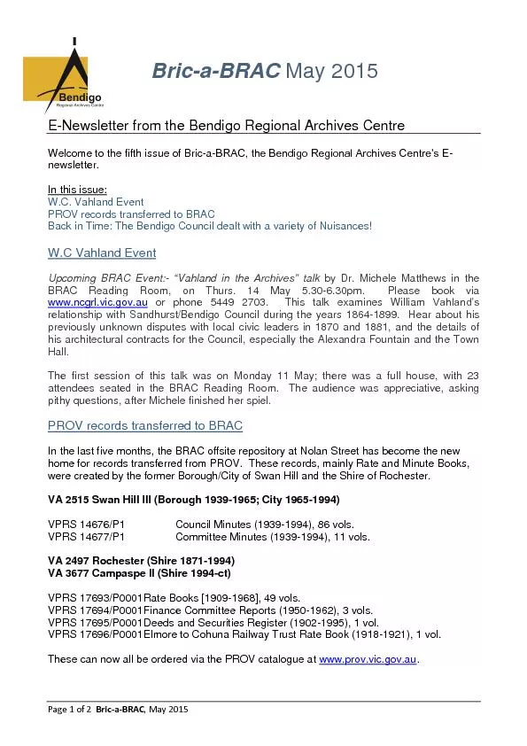 Newsletter from the Bendigo Regional Archives Centre