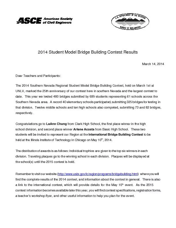 2014 Student Model Bridge Building Contest ResultsDear Teachers and Pa