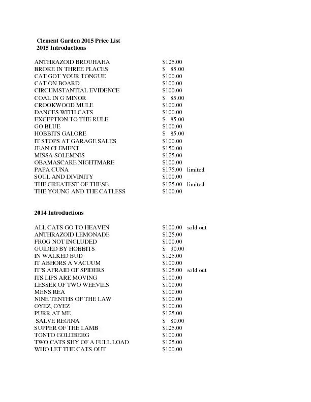 Clement Garden 2015 Price List
