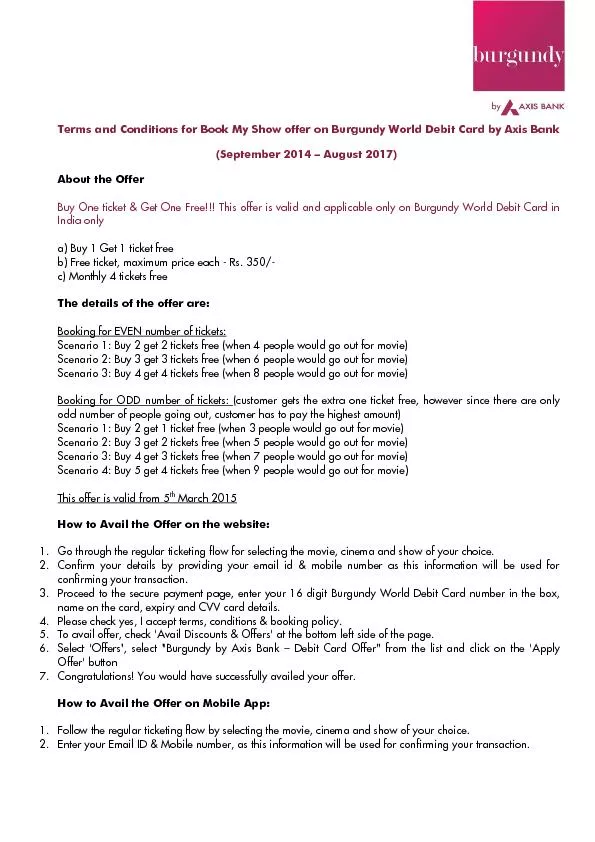 Terms and Conditions for Book My Show offer on Burgundy World Debit Ca