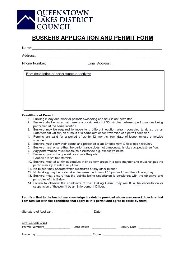BUSKERS APPLICATION AND PERMIT FORM