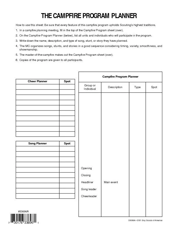 THE CAMPFIRE PROGRAM PLANNERHow to use this sheet: Be sure that every