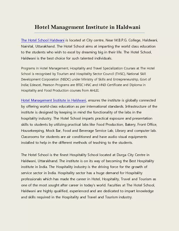 Hotel Management Institute in Haldwani