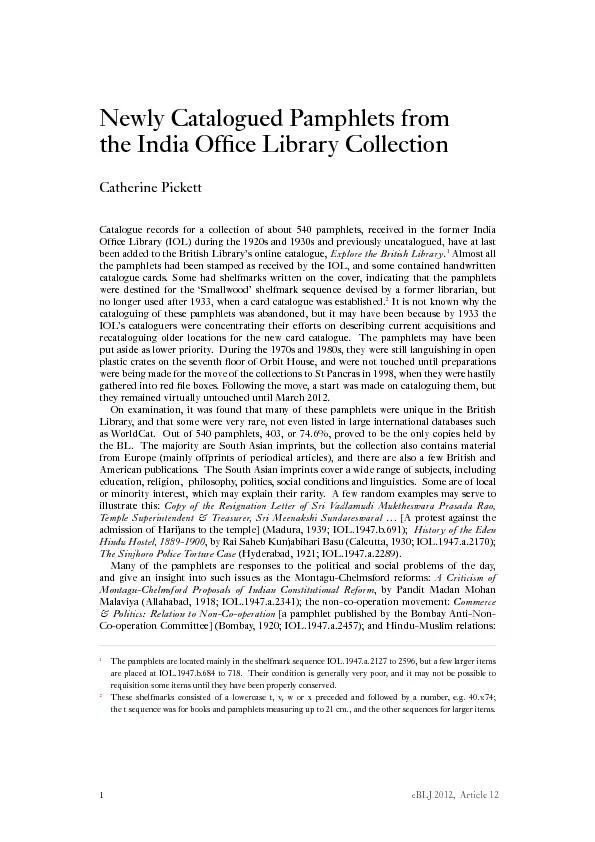 Newly Catalogued Pamphlets from the India Ofce Library CollectionCath