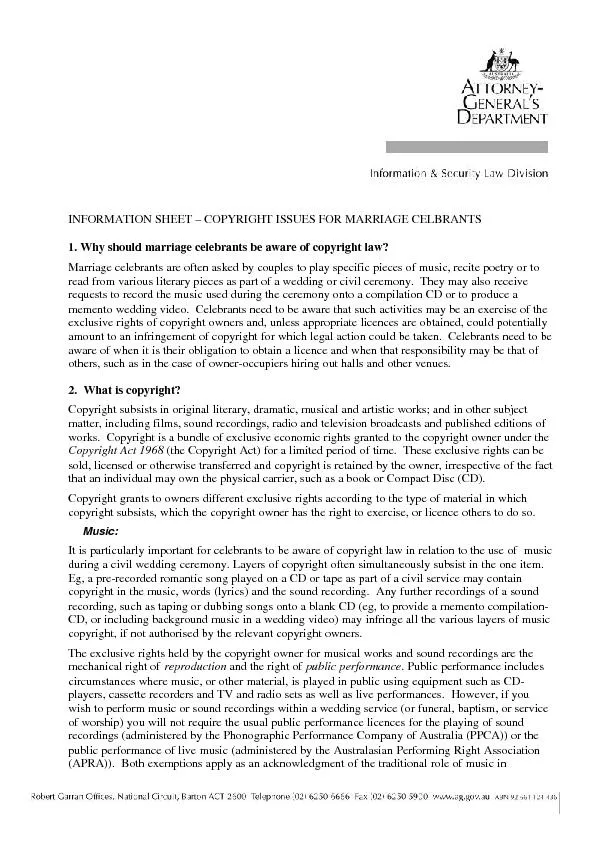 INFORMATION SHEET – COPYRIGHT ISSUES FOR MARRIAGE CELBRANTS1. Why