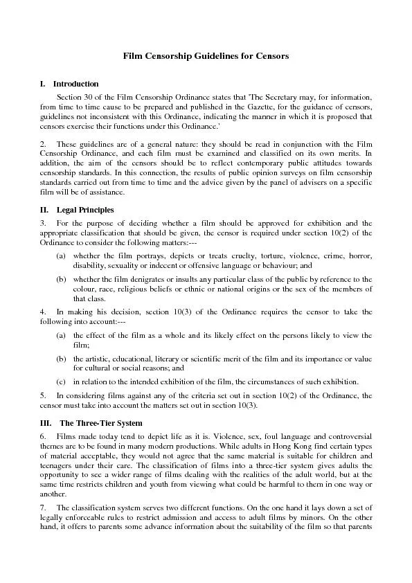 Film Censorship Guidelines for CensorsI.  IntroductionSection 30 of th