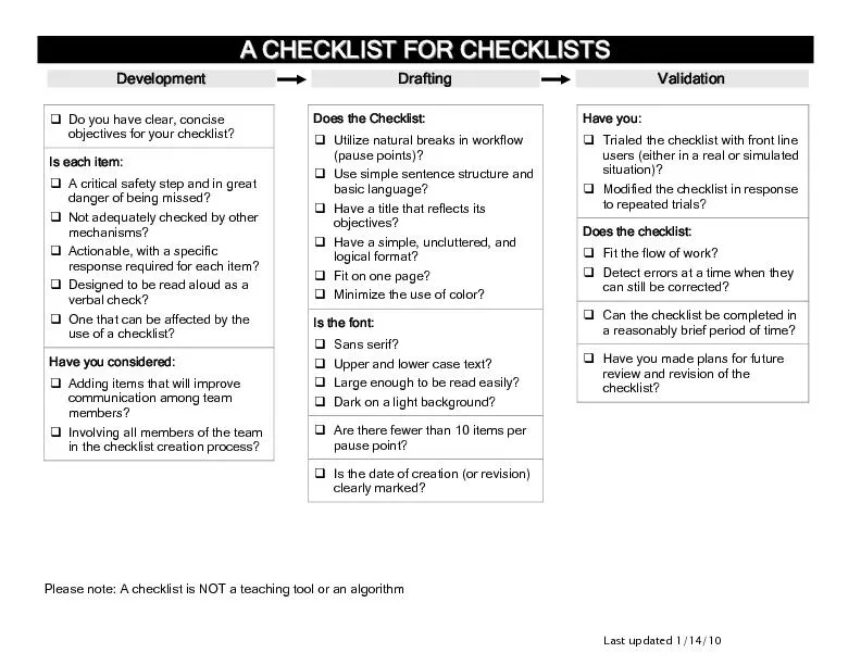 Please note: A checklist is NOT a teaching tool or an algorithm