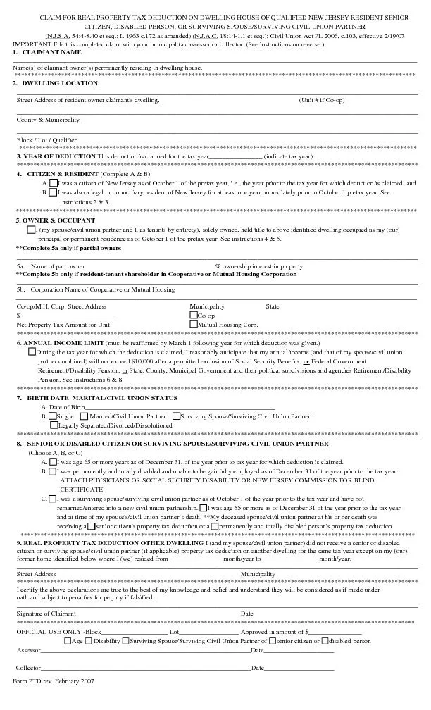 Form PTD rev. February 2007 CLAIM FOR REAL PROPERTY TAX DEDUCTION ON D