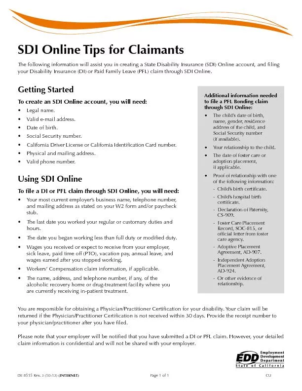 SDI Online Tips for ClaimantsThe following information will assist you