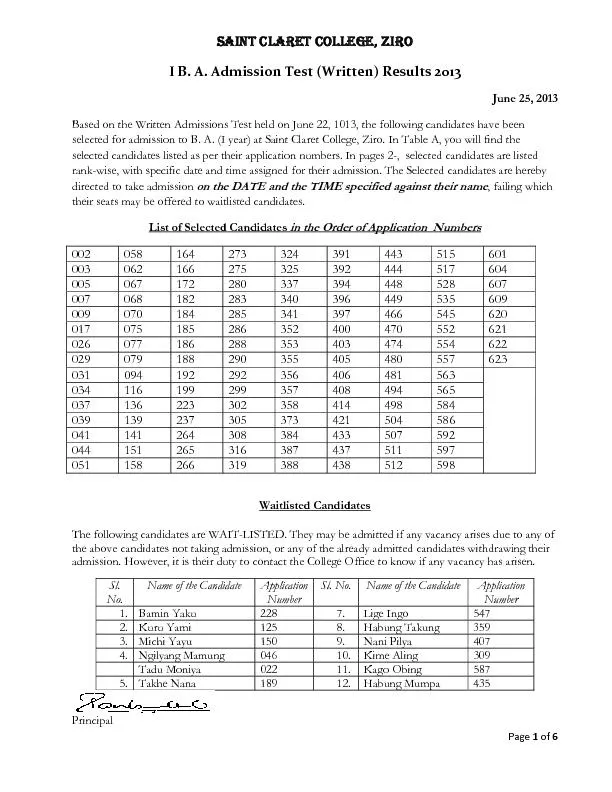 SAINT CLARET COLLEGE, ZIRO I B. A. Admission Test (Written) Results 20