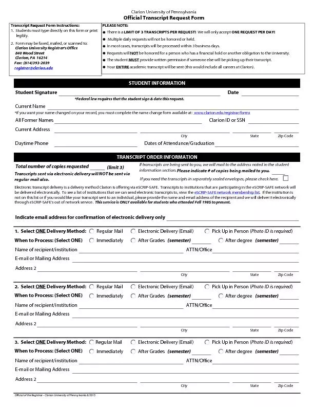 Clarion University of Pennsylvania Official Transcript Request Form
..