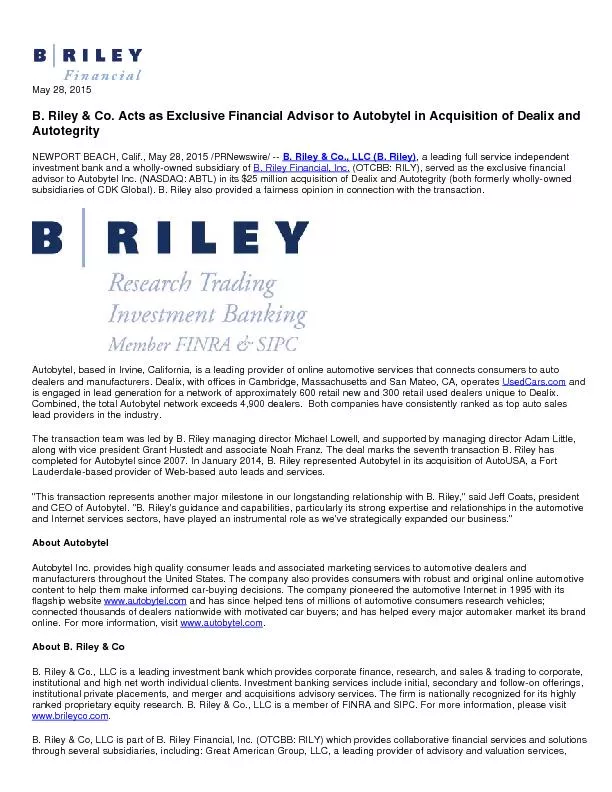 B. Riley & Co. Acts as Exclusive Financial Advisor to Autobytel in Acq