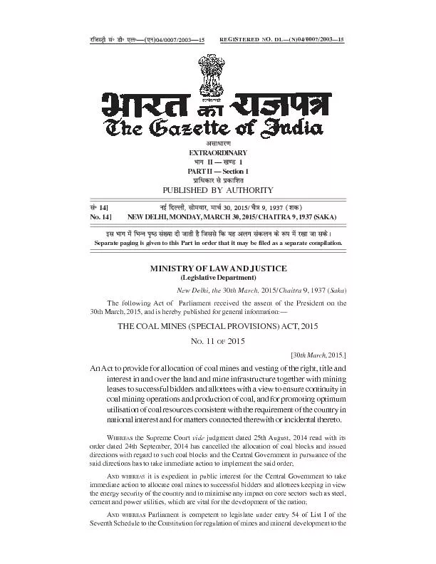 THE COAL MINES (SPECIAL PROVISIONS) ACT, 2015. 11  2015 2015th March,