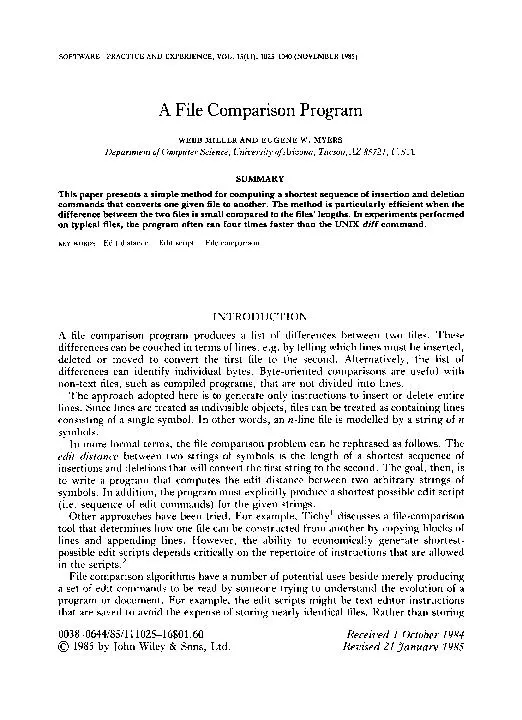 Comparison Program EUGENE W. Cbmputer Science,