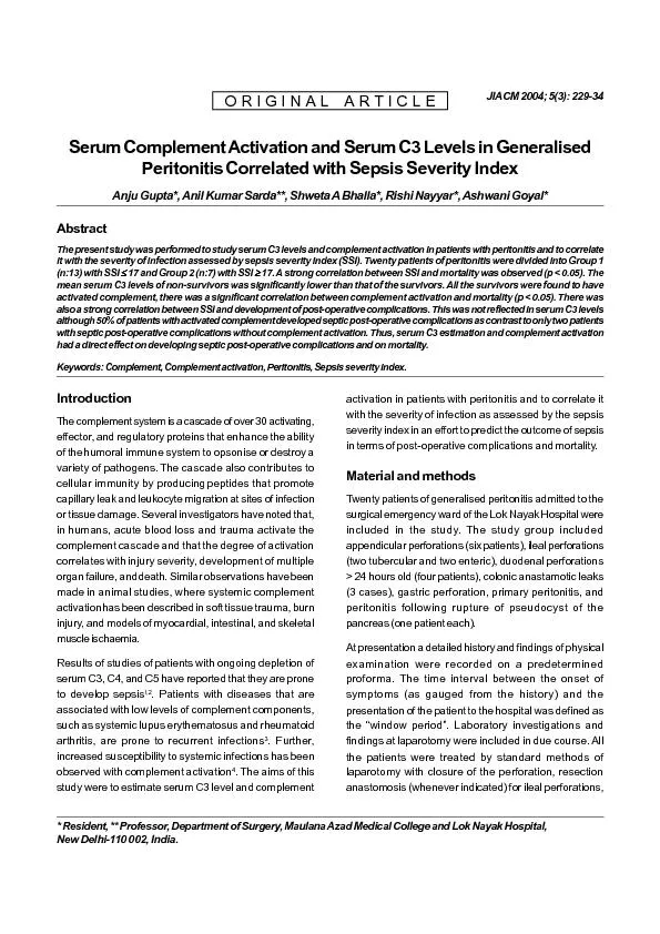 Serum Complement Activation and Serum C3 Levels in GeneralisedPeritoni