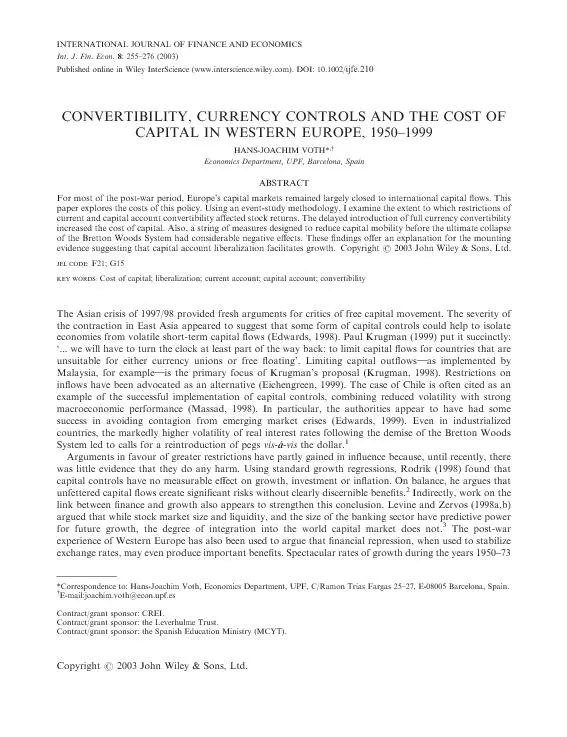 Convertibility currency controls and the cost of capital in western Europe