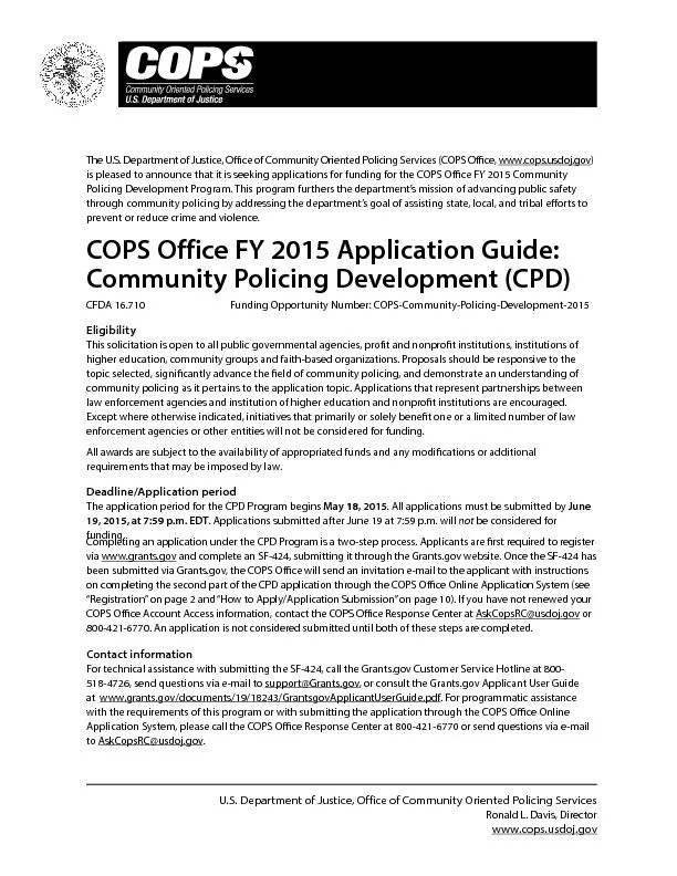 COPS office FY 2015 application guide community policing development