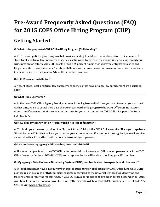 Pre Award  Frequently Asked Questions (FAQ)for 2015COPS Office Hiring Program