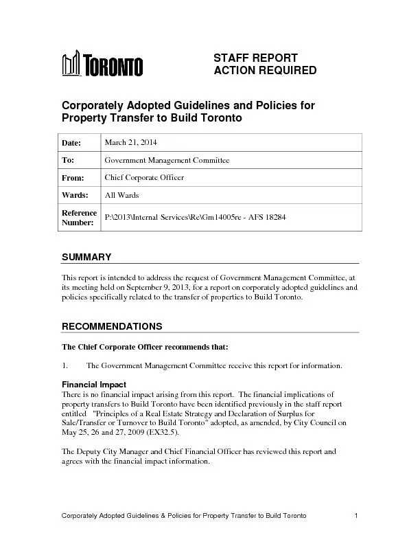 Corporately Adopted Guidelines and policies for property transfer to build toronto