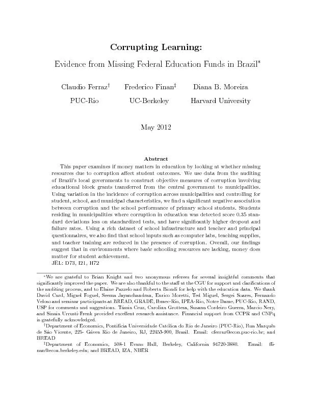 Corrupting Learning Evidence from Missing Federal Education Funds in Brazil