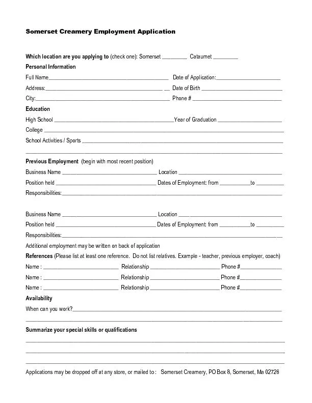 Somerset Creamery Employment Application