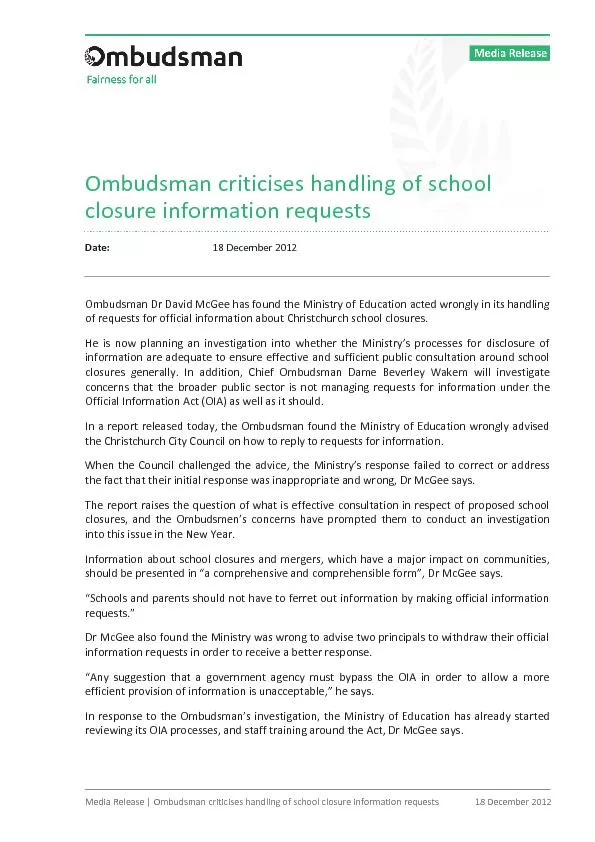 Ombudsman criticises handling of school closure information requests
.