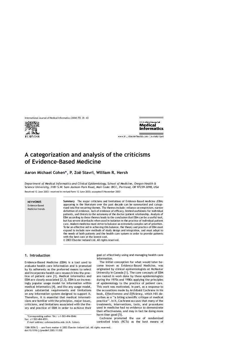 A categorization and analysis of the criticisms of evidence based medicine