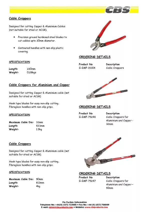 Cable croppers for aluminium and copper