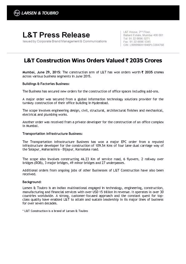 L and T Construction Wins Orders Valued