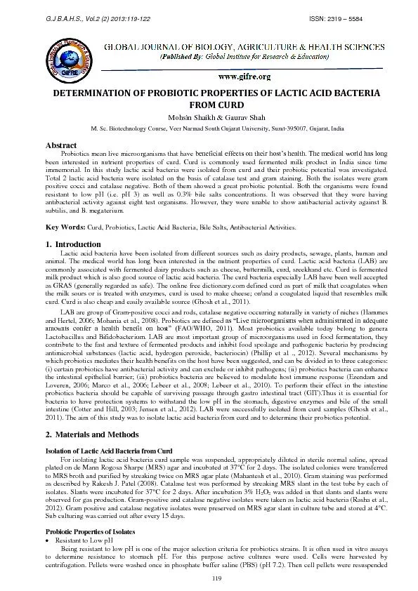 DETERMINATION OF PROBIOTIC PROPERTIES OF LACTIC ACID BACTERIA 
...