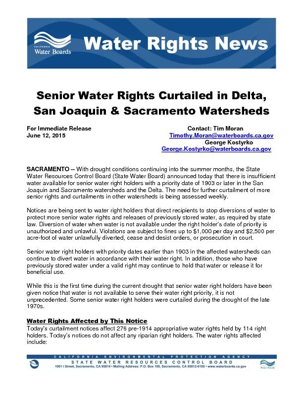 Senior Water Rights Curtailed in delta san joaquin  and sacramen to watershed