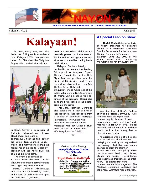 NEWSLETTER OF THE KALAYAAN CULTURAL COMMUNITY CENTRE