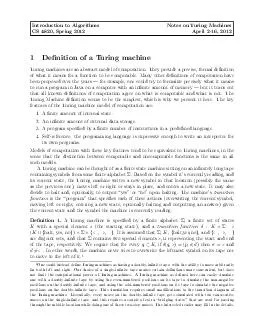 Introduction to Algorithms Notes on Turing Machines CS  Spring  April    Denition of a