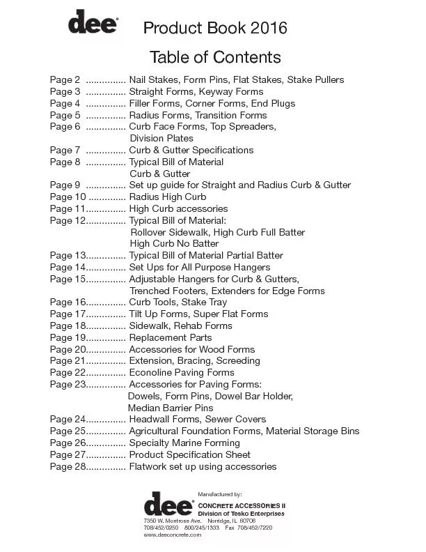 Product Book 2016 Table of Contents