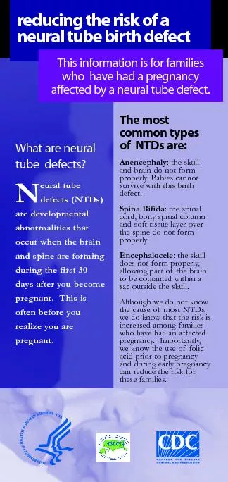 The most       common types of  NTDs are:Anencephaly: the skull and br