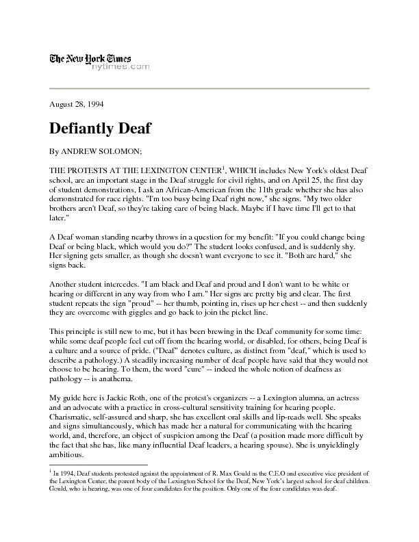 August 28, 1994 Defiantly Deaf  By ANDREW SOLOMON;  THE PROTESTS AT TH