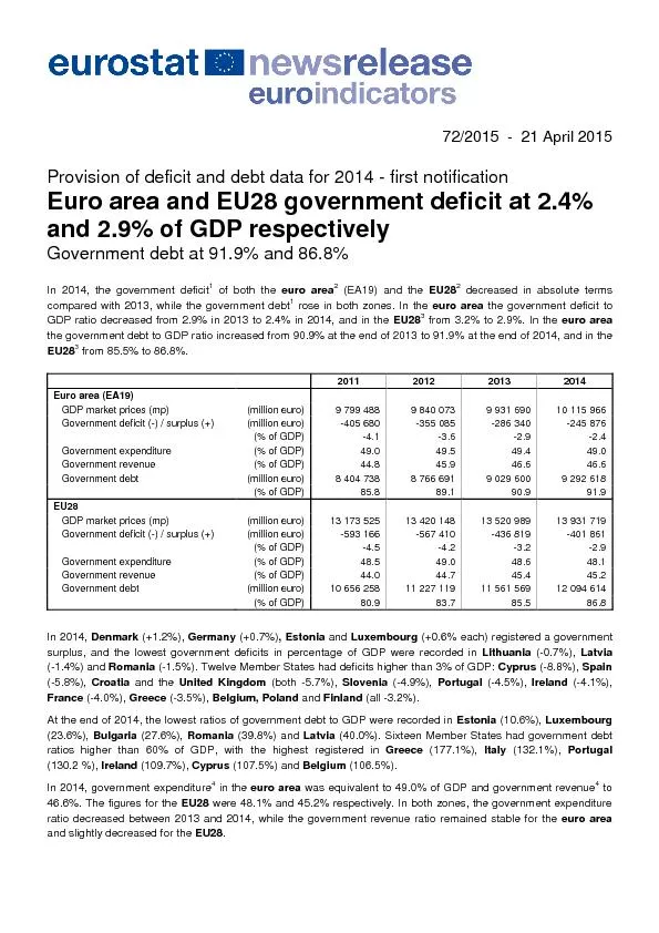 Euro area and EU28 government deficit at 2.4% and 2.9% of UDP  respectively