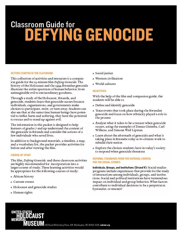 Classroom guide for defying genocide