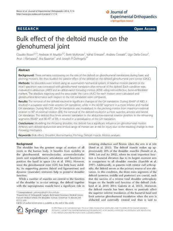 Bulk effect of the deltoid muscle on the gleno humeral joint