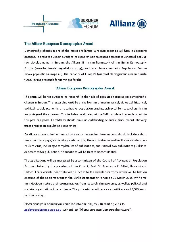 he Allianz European Demographer Award